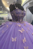 Load image into Gallery viewer, Sparkly Beaded Corset Spaghetti Straps Long Purple Ball Gown with Butterfly Appliques