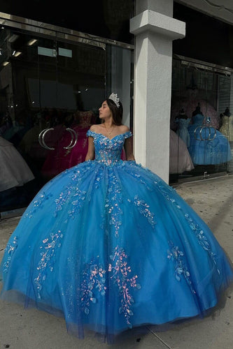 Sparkly Blue Long Corset Sequins Ball Gown with Off The Shoulder