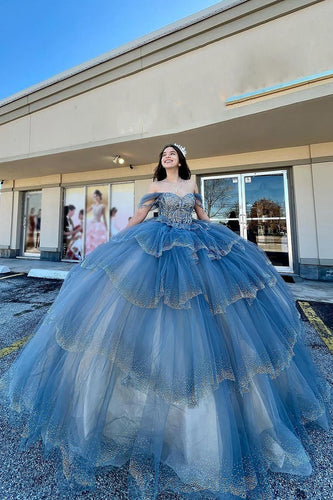Off The Shoulder Blue Tulle Tiered Long Quinceanera Dress with Polka Dots