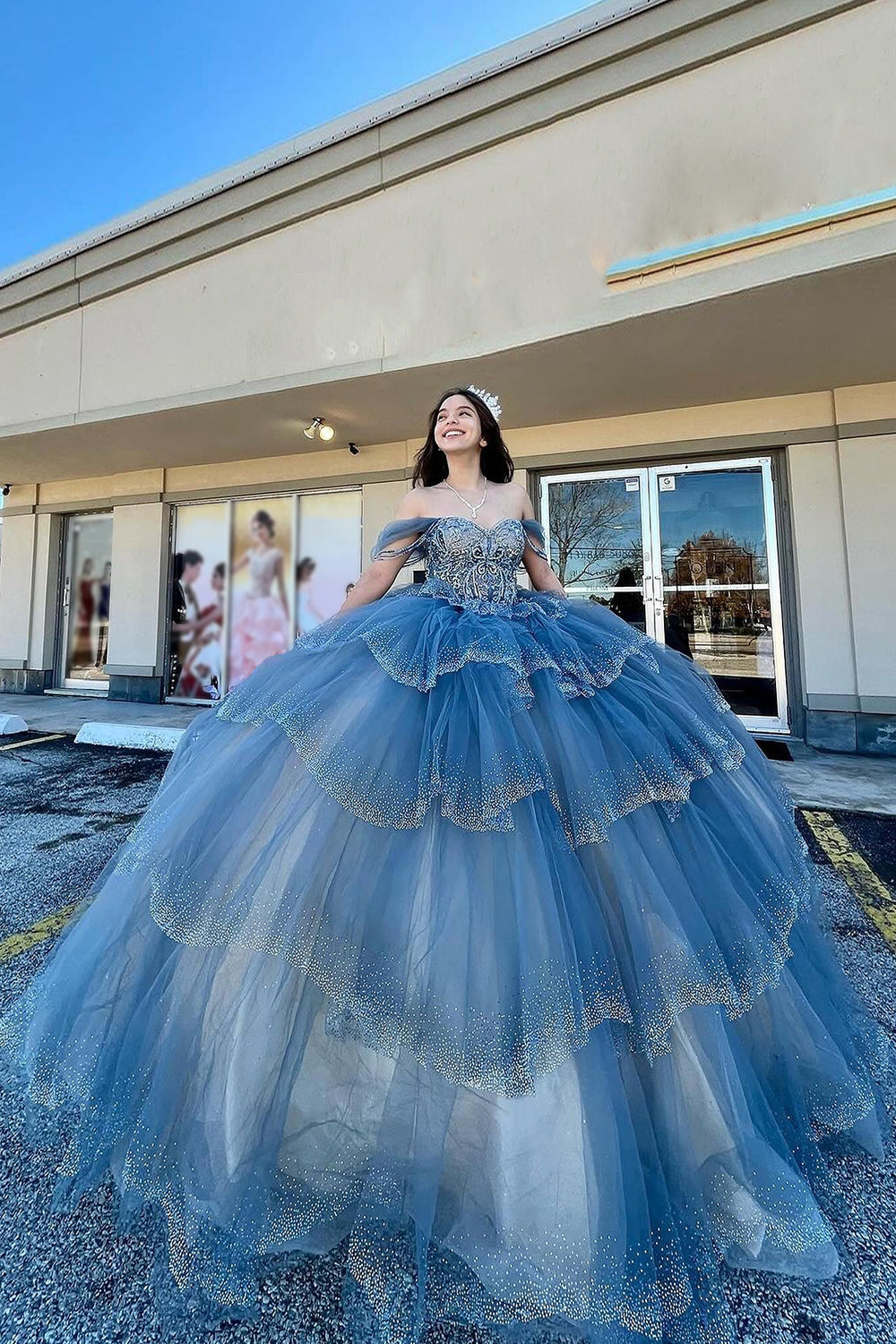 Off The Shoulder Blue Tulle Tiered Long Quinceanera Dress with Polka Dots