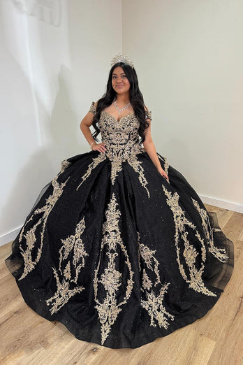 Off the Shoulder Sparkly Black Golden Long Ball Gown with Appliques
