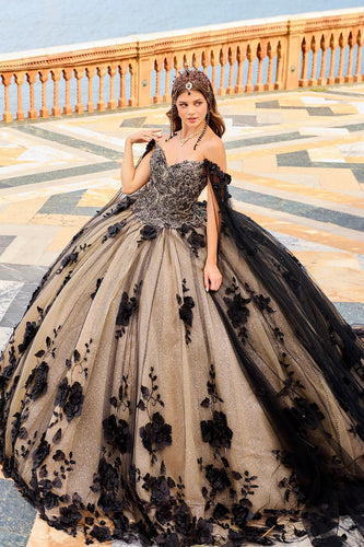 Sparkly Black Apricot Off the Shoulder Quinceanera Dress with Floral Appliques