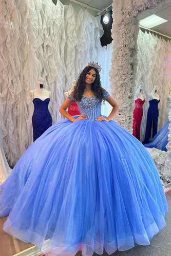 Sparkly Blue Tulle Off The Shoulder Corset Quinceanera Dress with Beaded
