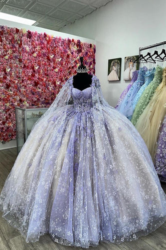 Lilac Apricot Floral Appliques Corset Pleated Tulle Ball Gown with Off the Shoulder