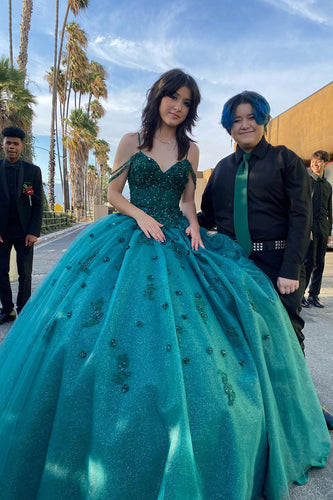 Glitter Dark Green Appliques Long Quinceanera Dress with Beaded