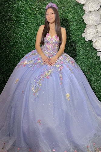Floral Appliques Glitter Lilac V Neck Tulle Long Ball Gown