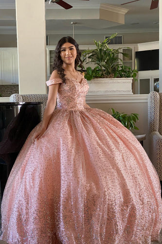 Glitter Off the Shoulder Blush Long Ball Gown with Beaded