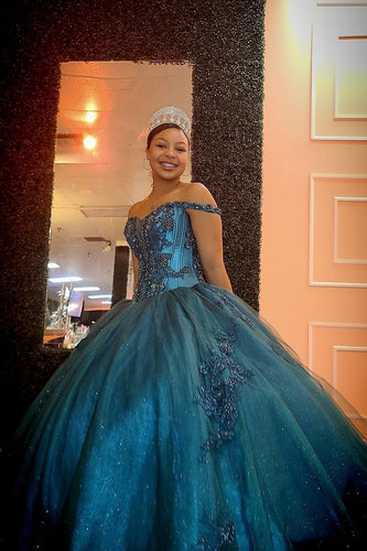 Peacock Blue Tulle Corset Off the Shoulder Long Ball Gown with Floral Appliques