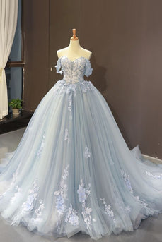 Pleated Tulle Floral Appliques Off the Shoulder Quinceanera Dress