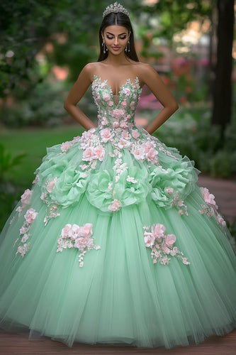 Strapless Green Tulle Long Ball Gown with Pink Flower