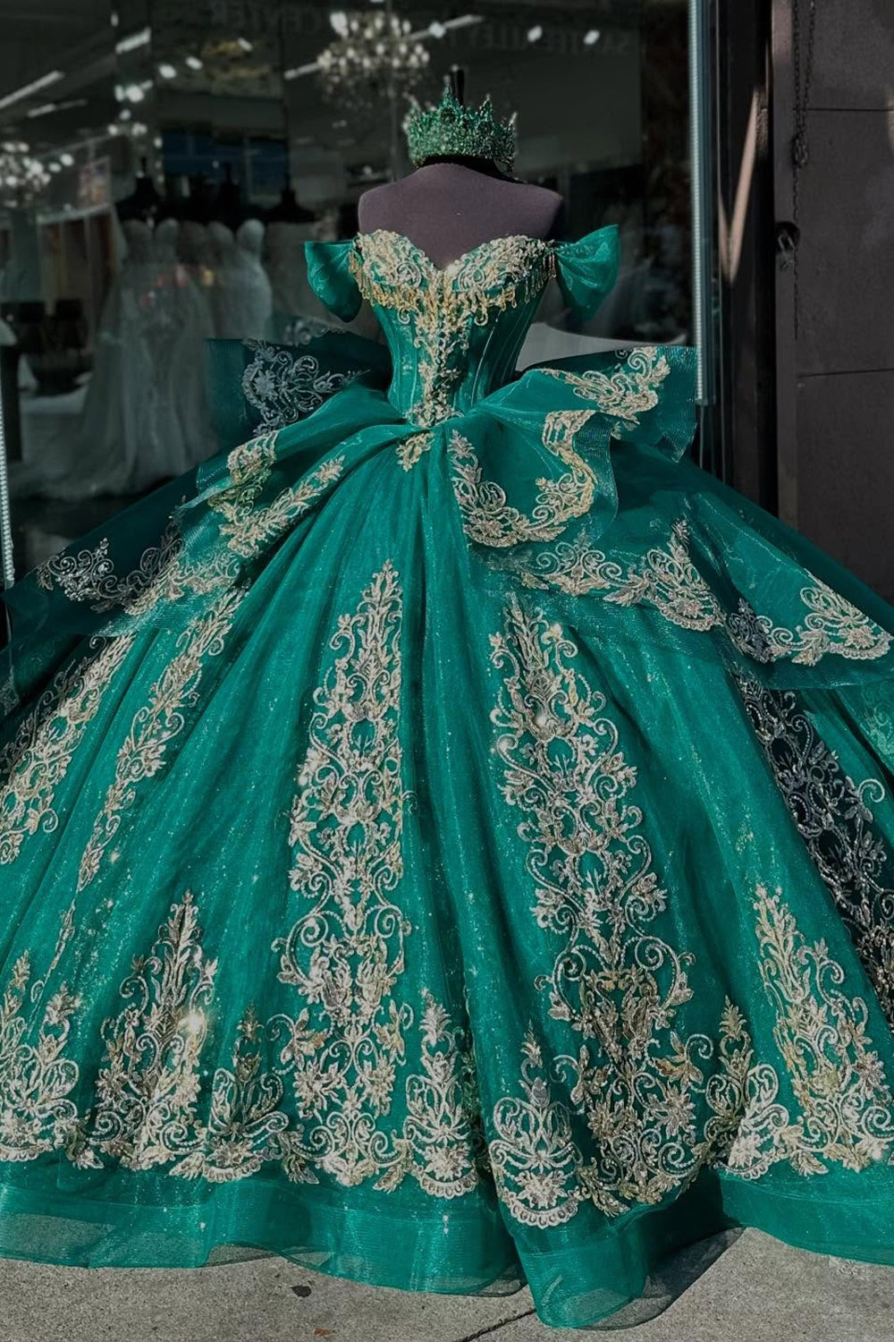 Off The Shoulder Sequined Tulle Sparkly Dark Green Quinceanera Dress with Appliques