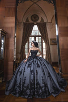 Load image into Gallery viewer, Sparkly Black Strapless Appliques Sequined Long Tulle Ball Gown
