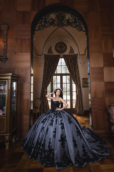 Sparkly Black Strapless Appliques Sequined Long Tulle Ball Gown