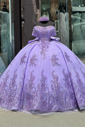 Appliques Sparkly Tulle Purple Off The Shoulder Sequined Ball Gown