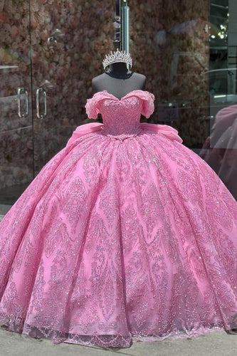 Sequined Hot Pink Off The Shoulder Tulle Sparkly Ball Gown with Appliques