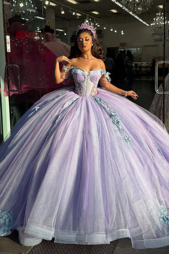 Lilac Sparkly Off The Shoulder Sequined Tulle Ball Gown with Appliques