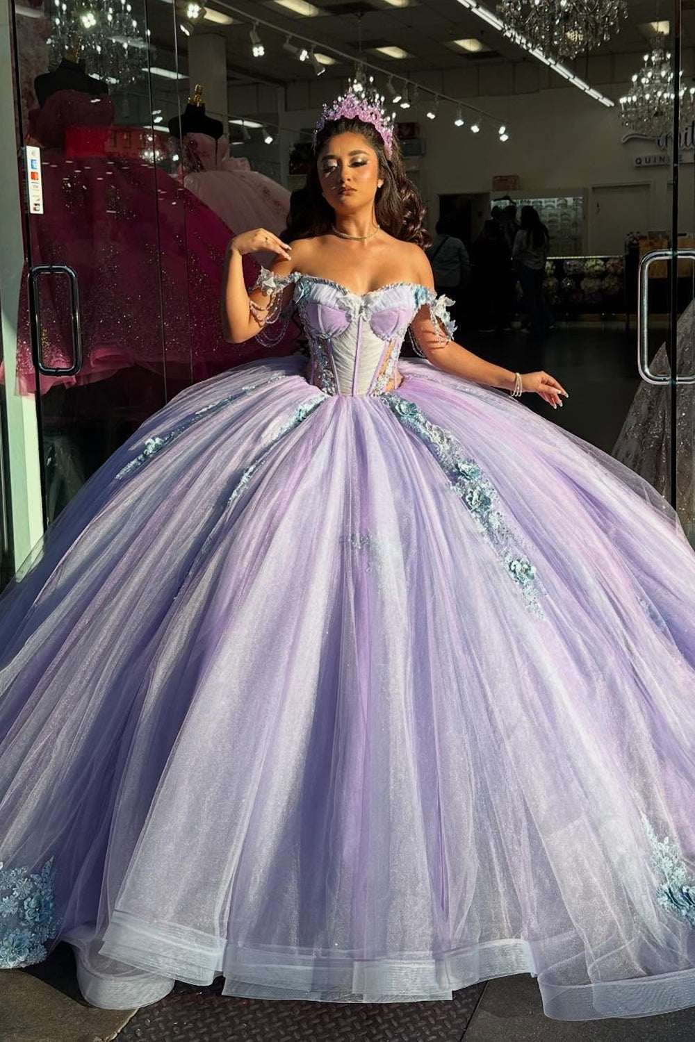 Lilac Sparkly Off The Shoulder Sequined Tulle Ball Gown with Appliques
