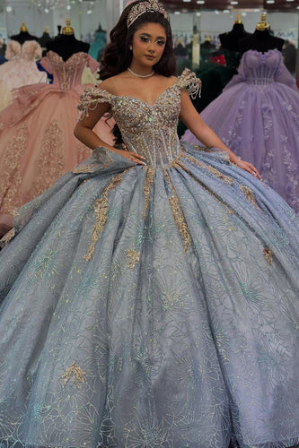 Off The Shoulder Sparkly Grey Purple Sequined Tulle Ball Gown with Beaded