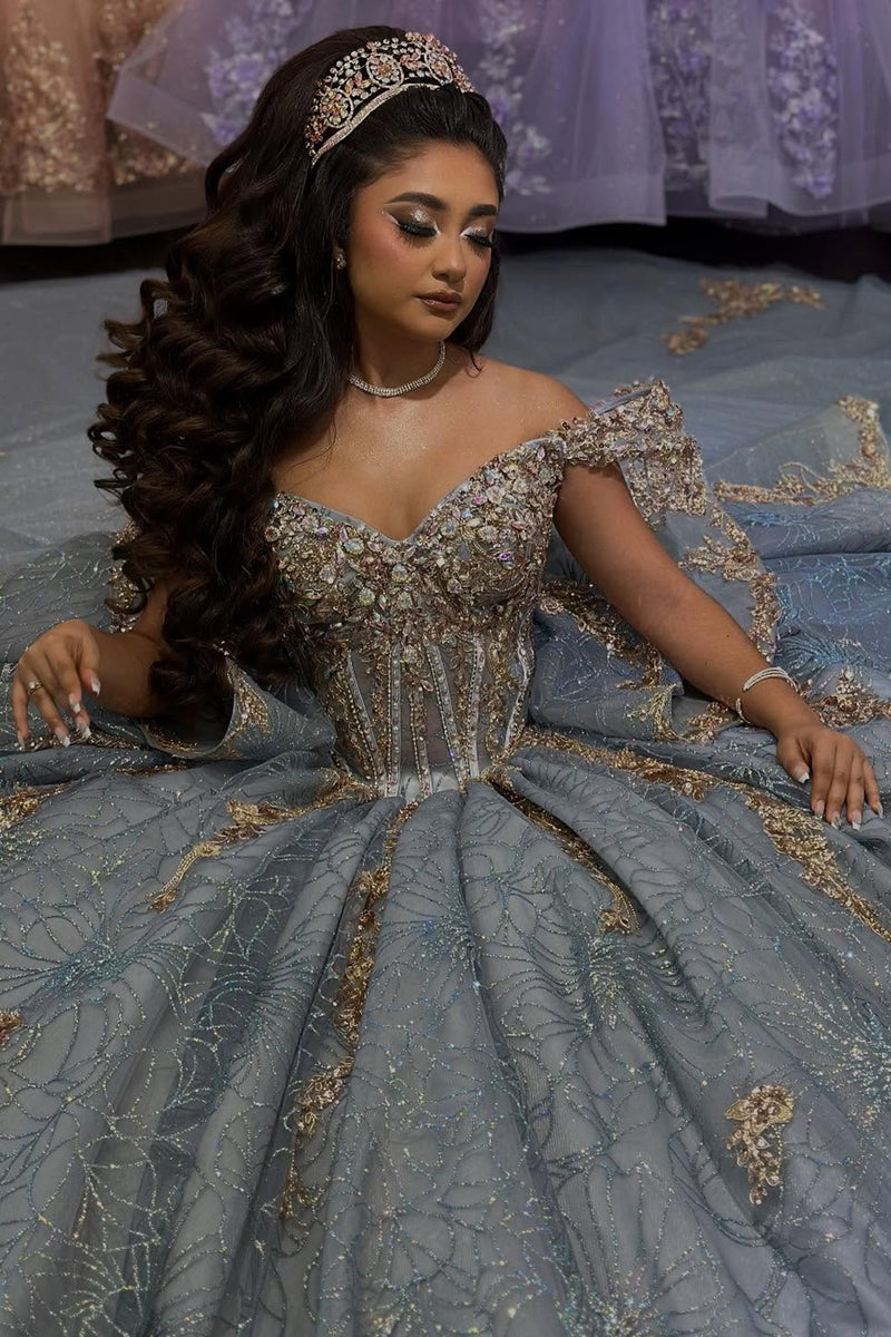 Load image into Gallery viewer, Off The Shoulder Sparkly Grey Purple Sequined Tulle Ball Gown with Beaded