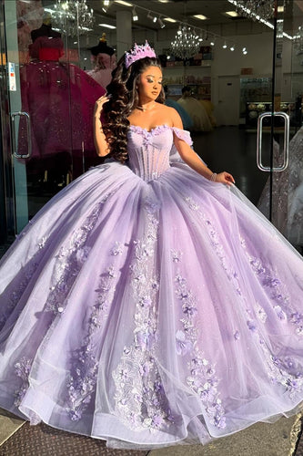 Sparkly Corset Lilac Off The Shoulder Sequined Tulle Quinceanera Dress with Appliques