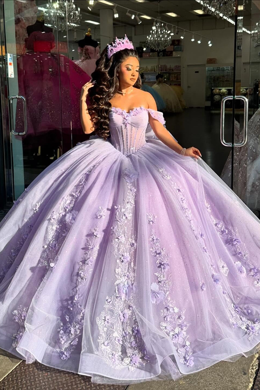 Sparkly Corset Lilac Off The Shoulder Sequined Tulle Quinceanera Dress with Appliques