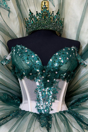 Appliques Sparkly Green Off The Shoulder Sequined Tulle Ball Gown