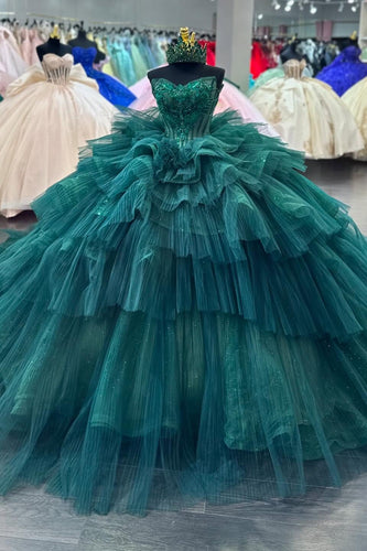 Dark Green Sparkly Strapless Appliques Sequined Tulle Ball Gown with Ruffles