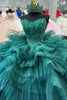 Load image into Gallery viewer, Dark Green Sparkly Strapless Appliques Sequined Tulle Ball Gown with Ruffles