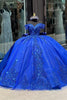 Load image into Gallery viewer, Off The Shoulder Sparkly Royal Blue Sequined Tulle Ball Gown with Appliques