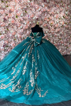 Sparkly Dark Green Appliques Off The Shoulder Sequined Tulle Ball Gown with Corset