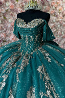 Load image into Gallery viewer, Sparkly Dark Green Appliques Off The Shoulder Sequined Tulle Ball Gown with Corset