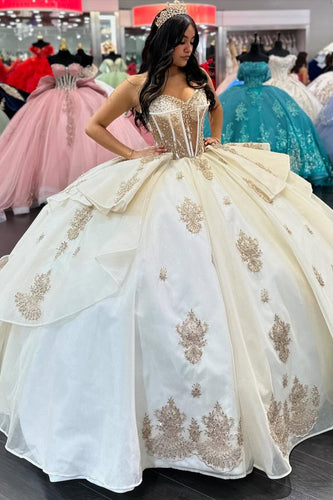 Corset Sparkly Apricot Off Shoulder Tulle Ball Gown with Beaded