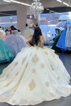 Corset Sparkly Apricot Off Shoulder Tulle Ball Gown with Beaded