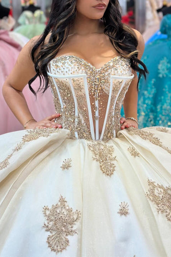 Corset Sparkly Apricot Off Shoulder Tulle Ball Gown with Beaded