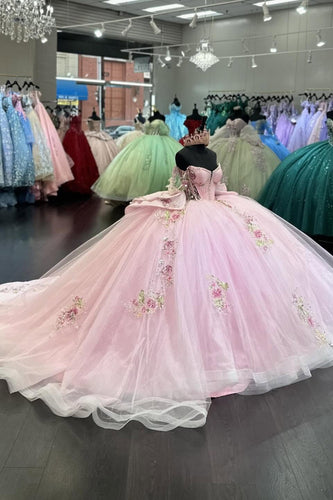 Sequined Corset Sparkly Pink Off The Shoulder Ball Gown with Beaded