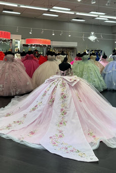Sequined Corset Sparkly Pink Off The Shoulder Ball Gown with Beaded
