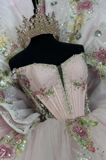 Sequined Corset Sparkly Pink Off The Shoulder Ball Gown with Beaded