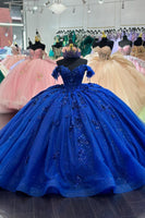 Load image into Gallery viewer, Sparkly Royal Blue Appliques Off The Shoulder Ruffles Quinceanera Dress with Sequins