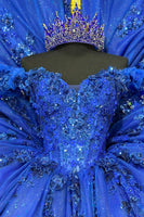 Load image into Gallery viewer, Sparkly Royal Blue Appliques Off The Shoulder Ruffles Quinceanera Dress with Sequins