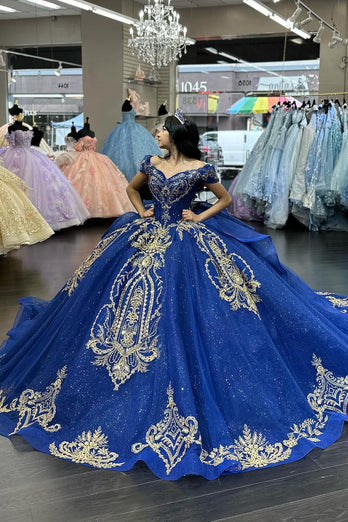 Sparkly Royal Blue Appliques Sequins Ruffles Ball Gown with Off The Shoulder