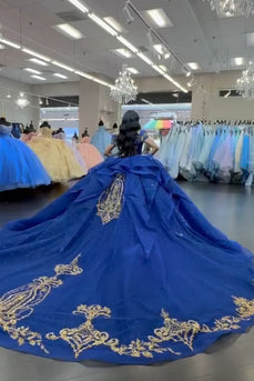 Sparkly Royal Blue Appliques Sequins Ruffles Ball Gown with Off The Shoulder
