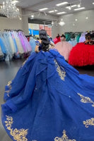 Load image into Gallery viewer, Sparkly Royal Blue Appliques Sequins Ruffles Ball Gown with Off The Shoulder