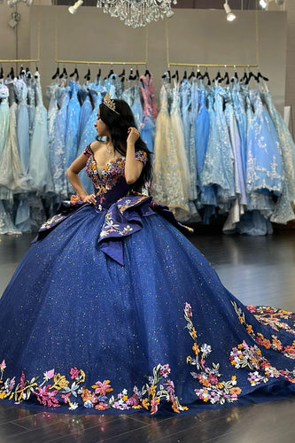 Floral Sparkly Navy Off The Shoulder Sequins Ball Gown with Appliques