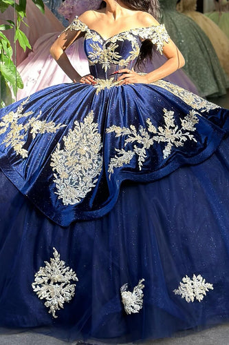 Navy Sparkly Off The Shoulder Sequins Quinceanera Dress with Appliques