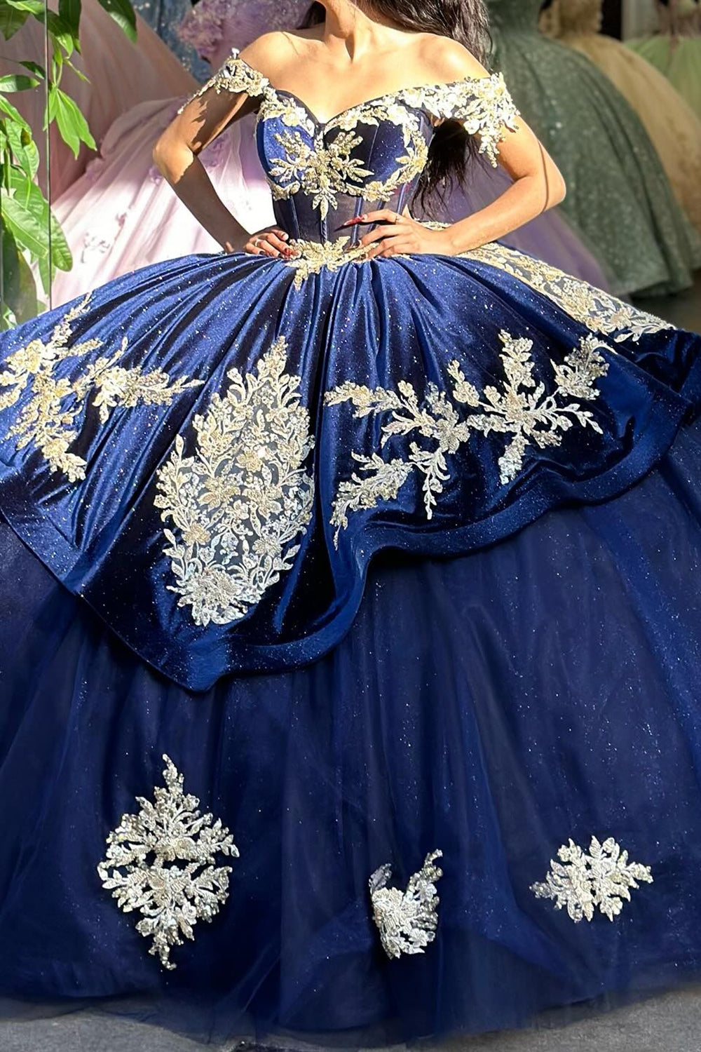 Navy Sparkly Off The Shoulder Sequins Quinceanera Dress with Appliques