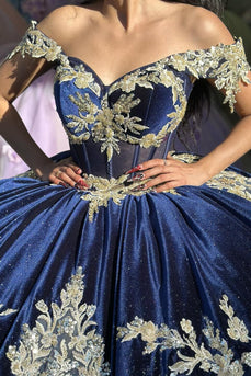 Navy Sparkly Off The Shoulder Sequins Quinceanera Dress with Appliques
