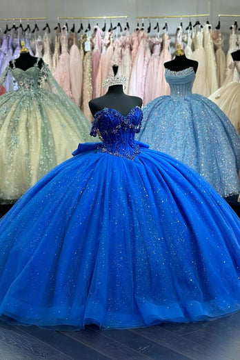 Glitter Royal Blue Off The Shoulder Ruffles Quinceanera Dress with Sequins