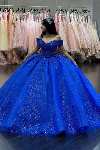 Royal Blue Off The Shoulder Ruffles Long Quinceanera Dress with Beaded