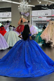 Royal Blue Off The Shoulder Ruffles Long Quinceanera Dress with Beaded