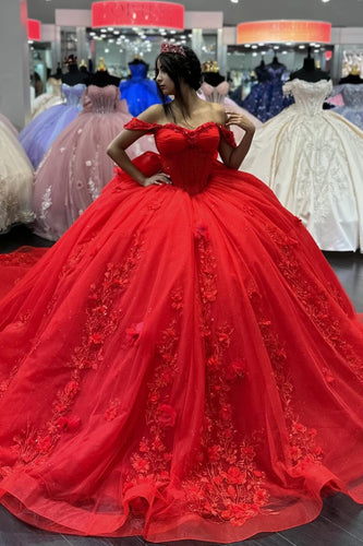 Red Floral Off The Shoulder Tulle Appliques Long Quinceanera Dress